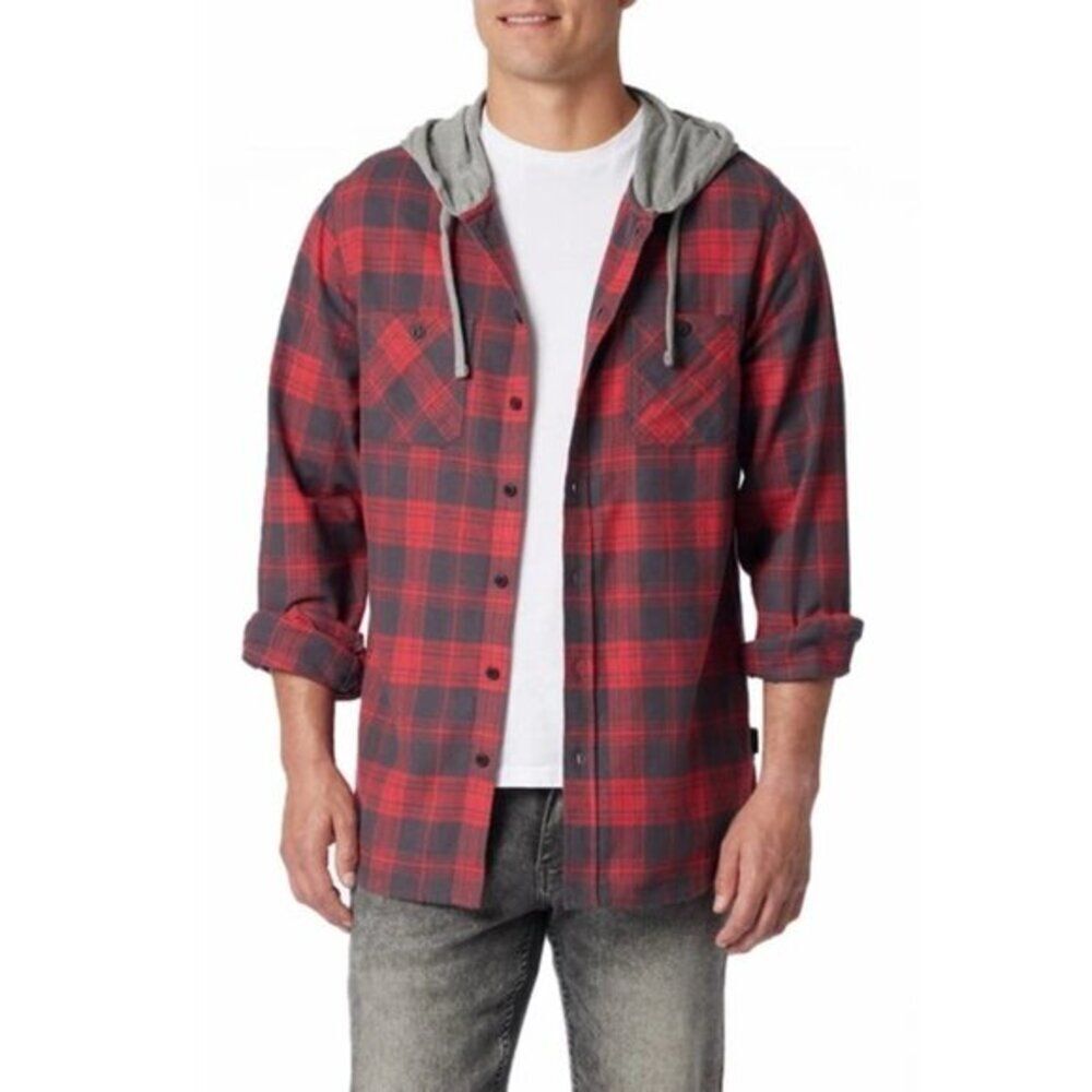 UNIONBAY Men's Switchback Hooded Red‎ Flannel Shirt Jacket Medium